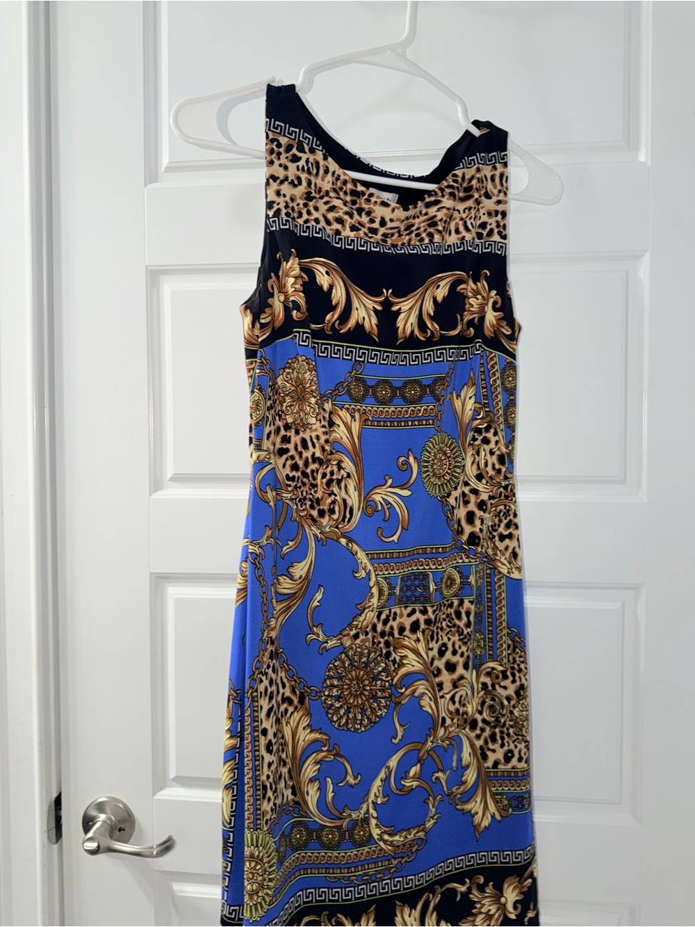 Cache Blue and Gold Baroque Leopard Midi Dress
